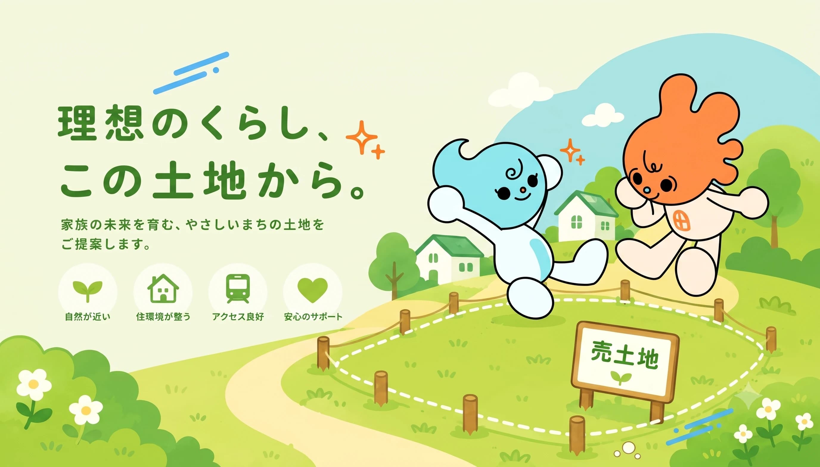 理想のくらし、この土地から。家族の未来を育む、やさしいまちの土地をご提案します。