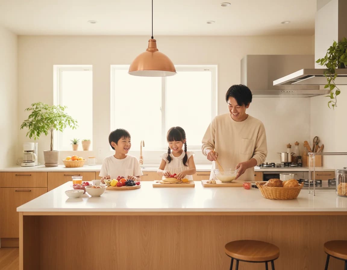 キッチンで朝食づくりを楽しむ親子